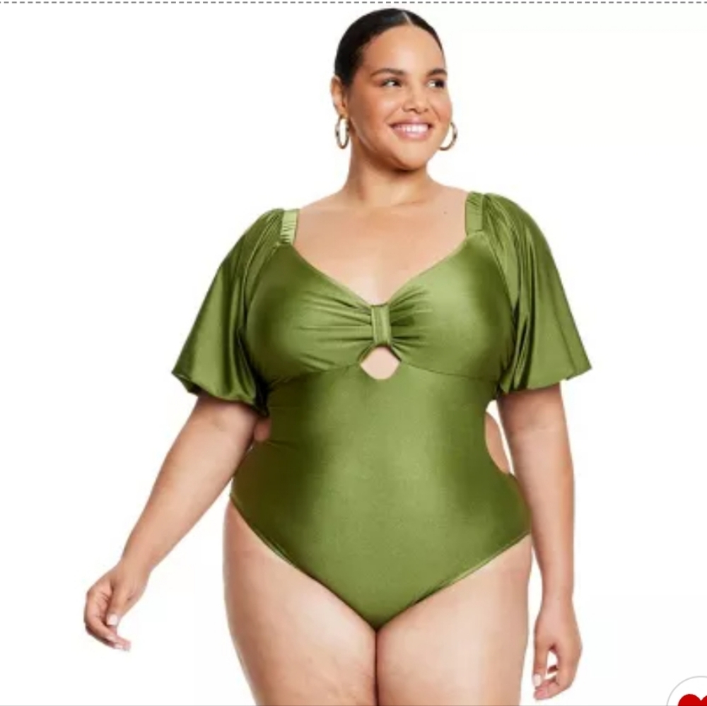 Fe Noel x Target Metallic Puff Sleeve Cut Out One Piece Swimsuit